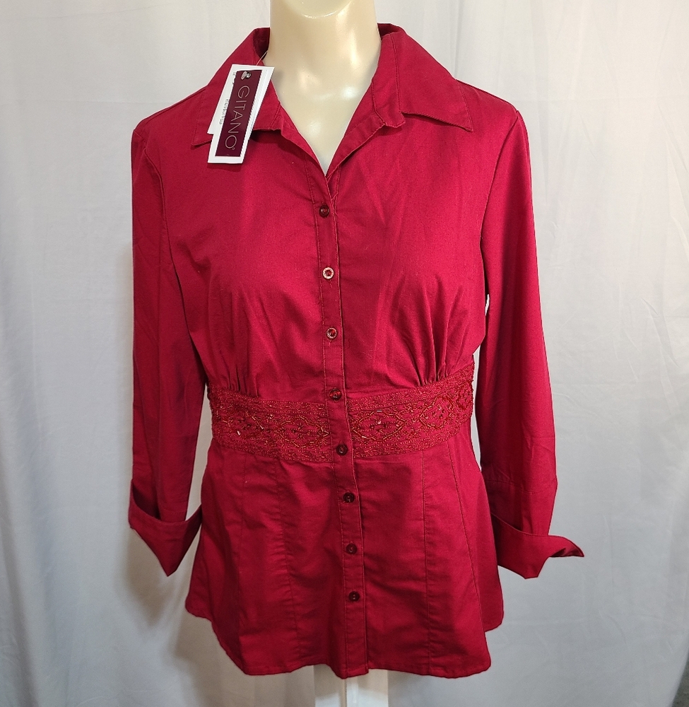 VTG Gitano red button front top with cuffed sleeves and jeweled waist size S